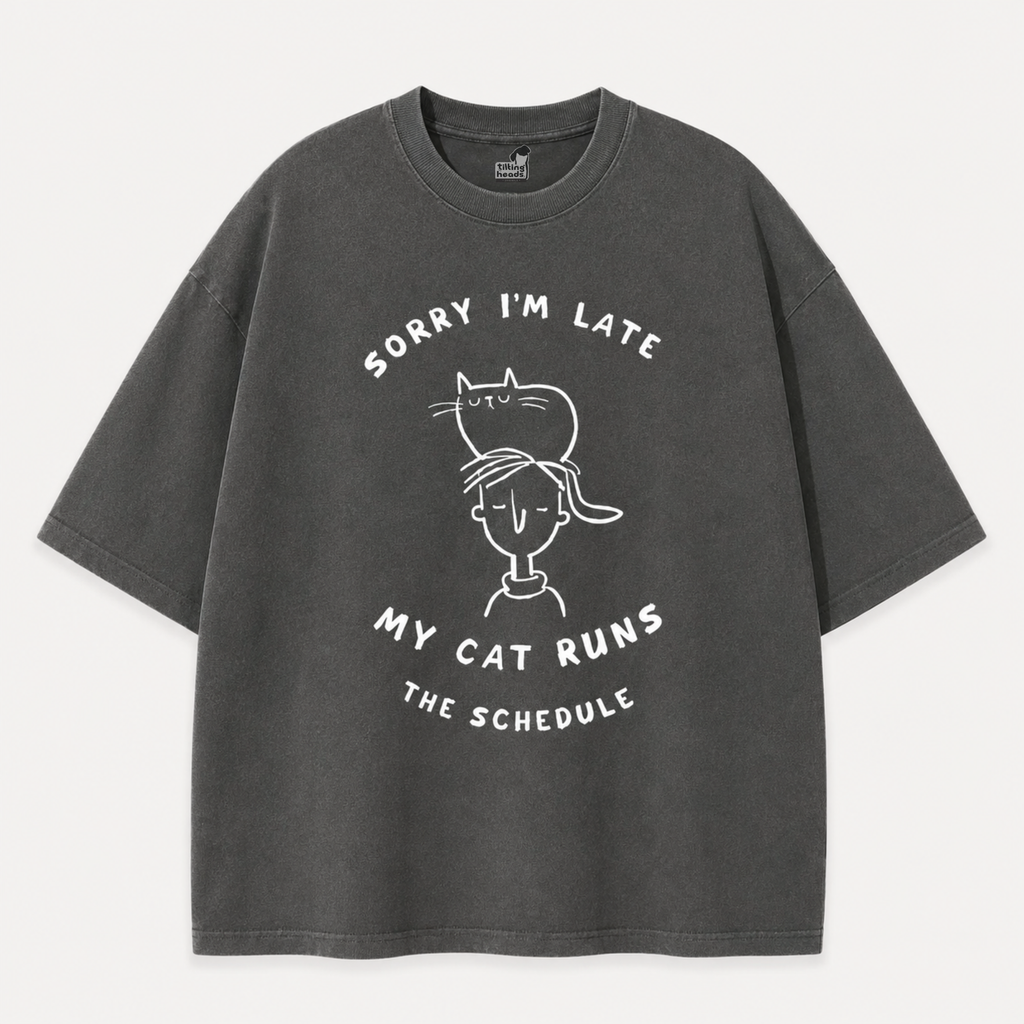 My Cat Runs the Schedule T-Shirt – Oversized Cotton Wear for Cat Parents