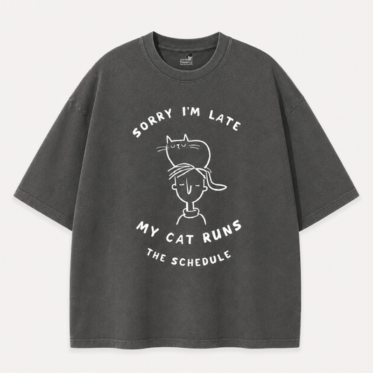 My Cat Runs the Schedule T-Shirt – Oversized Cotton Wear for Cat Parents