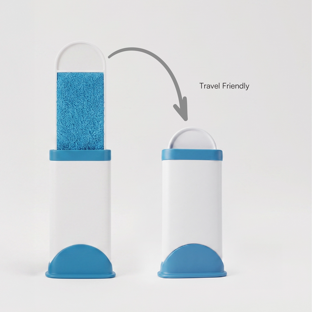Compact lint brush set with teal pads and blue bases, travel-friendly folded design.