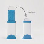 Compact lint brush set with teal pads and blue bases, travel-friendly folded design.