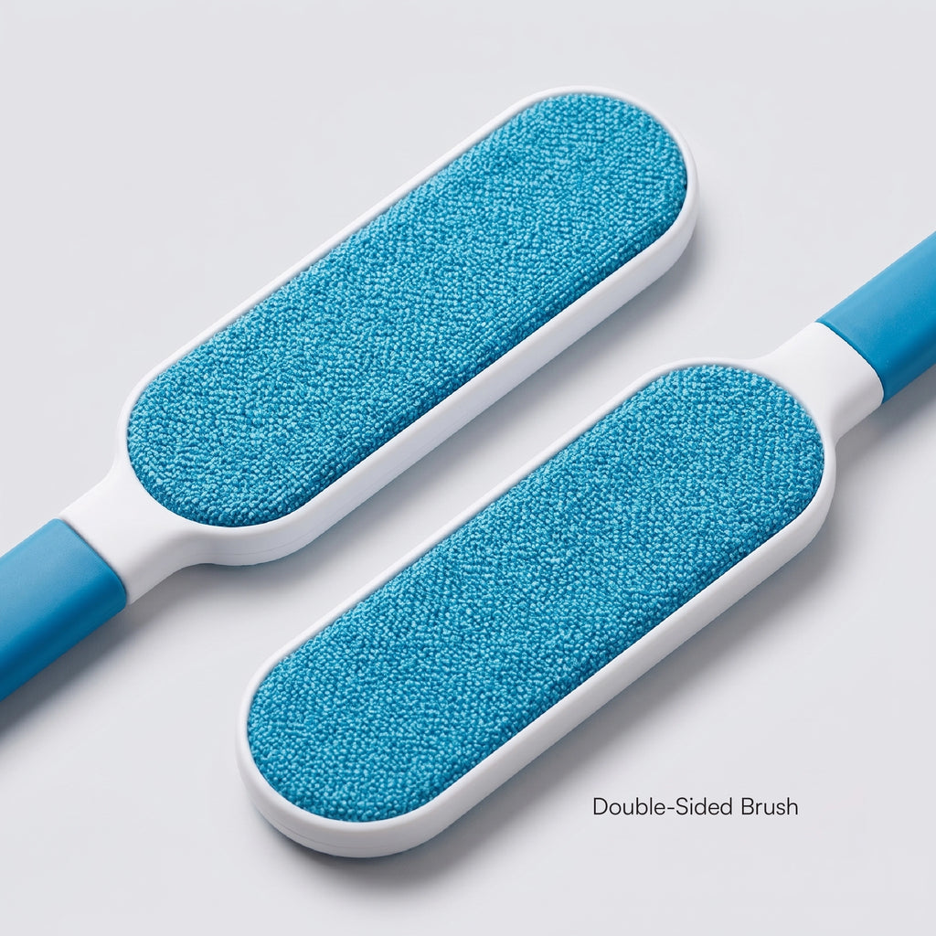 Double-sided lint brush with two teal bristle pads on a white-and-blue handle.
