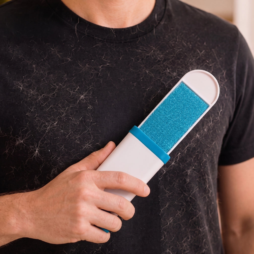 Lint brush removing lint from a dark shirt, teal bristle pad near the chest.