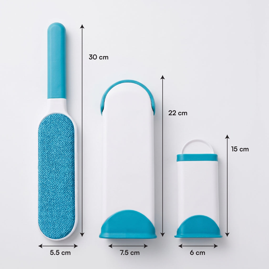 Lint brush size chart showing compact dimensions of handle, cap, and self-cleaning base.