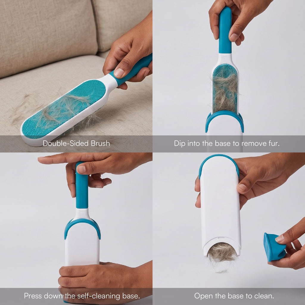 Lint brush double-sided use with teal pad, showing self-cleaning base opening and cleaning.