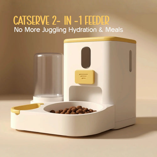 2-in-1 cat feeder with water jug and yellow top, front view on table