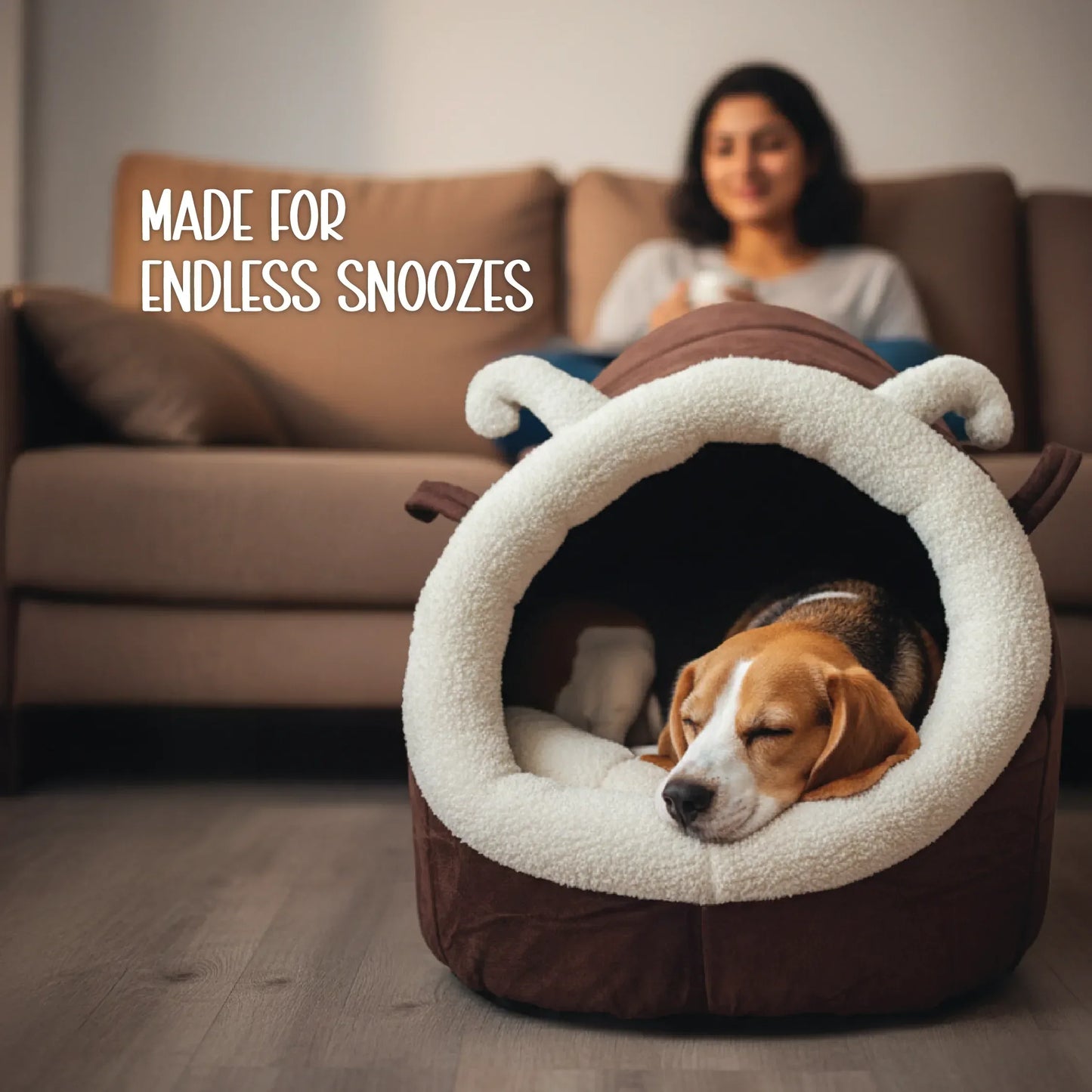 CocoaGrotto Bed | Plush Velvet Pet Bed with Ears | Washable, Non-Slip & Cuddle-Ready Comfort - Tilting Heads