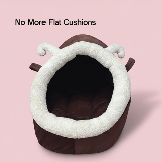 CocoaGrotto Bed | Plush Velvet Pet Bed with Ears | Washable, Non-Slip & Cuddle-Ready Comfort - Tilting Heads