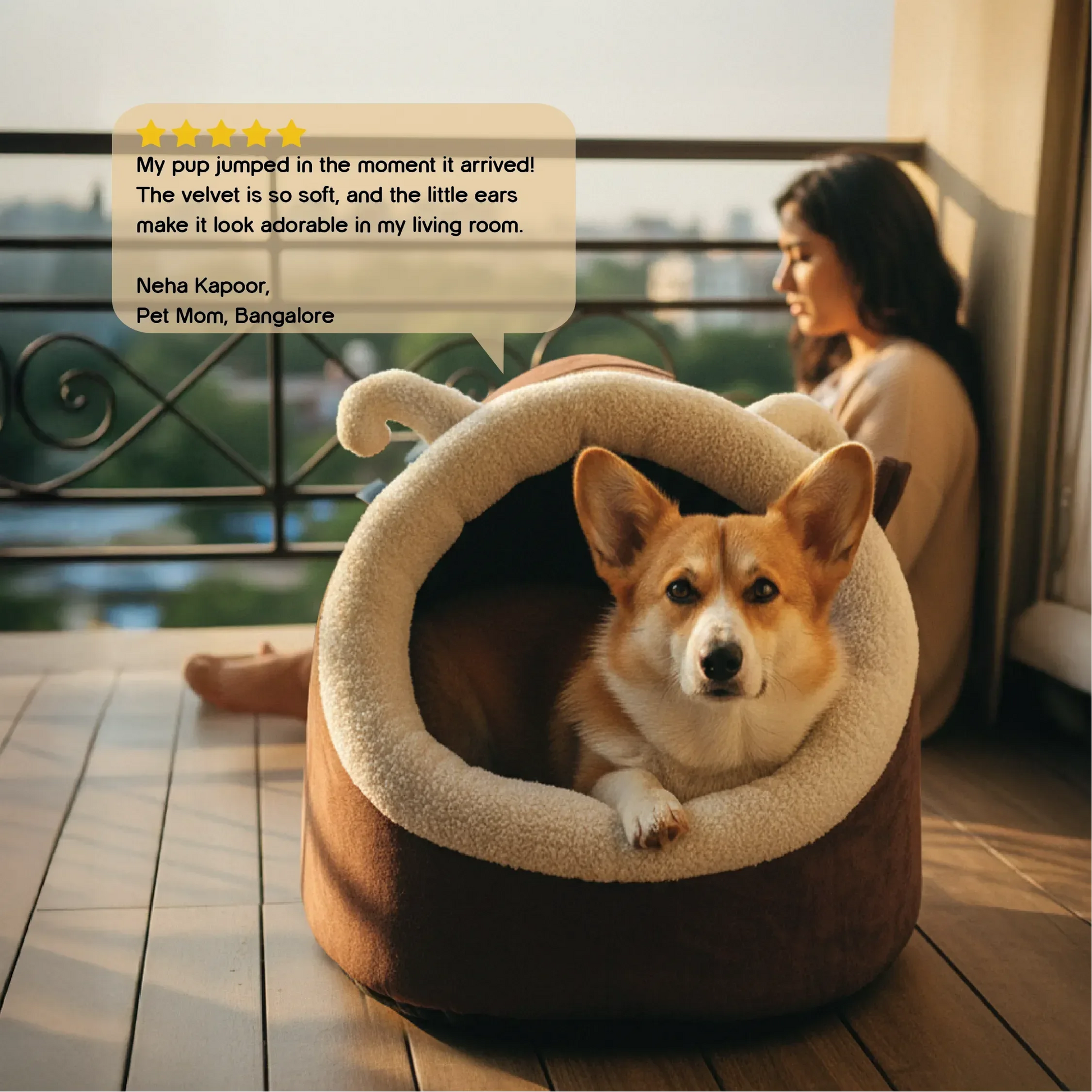 CocoaGrotto Bed | Plush Velvet Pet Bed with Ears | Washable, Non-Slip & Cuddle-Ready Comfort - Tilting Heads
