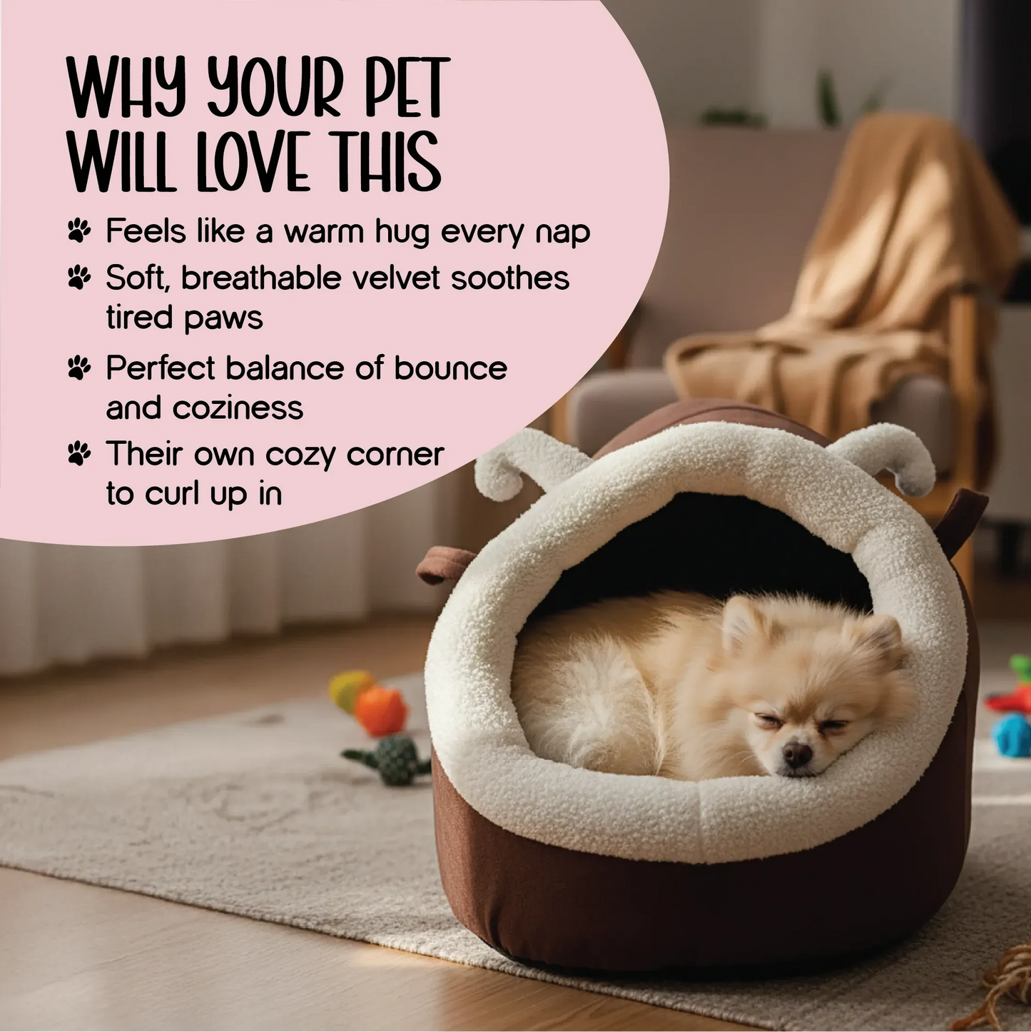 CocoaGrotto Bed | Plush Velvet Pet Bed with Ears | Washable, Non-Slip & Cuddle-Ready Comfort - Tilting Heads