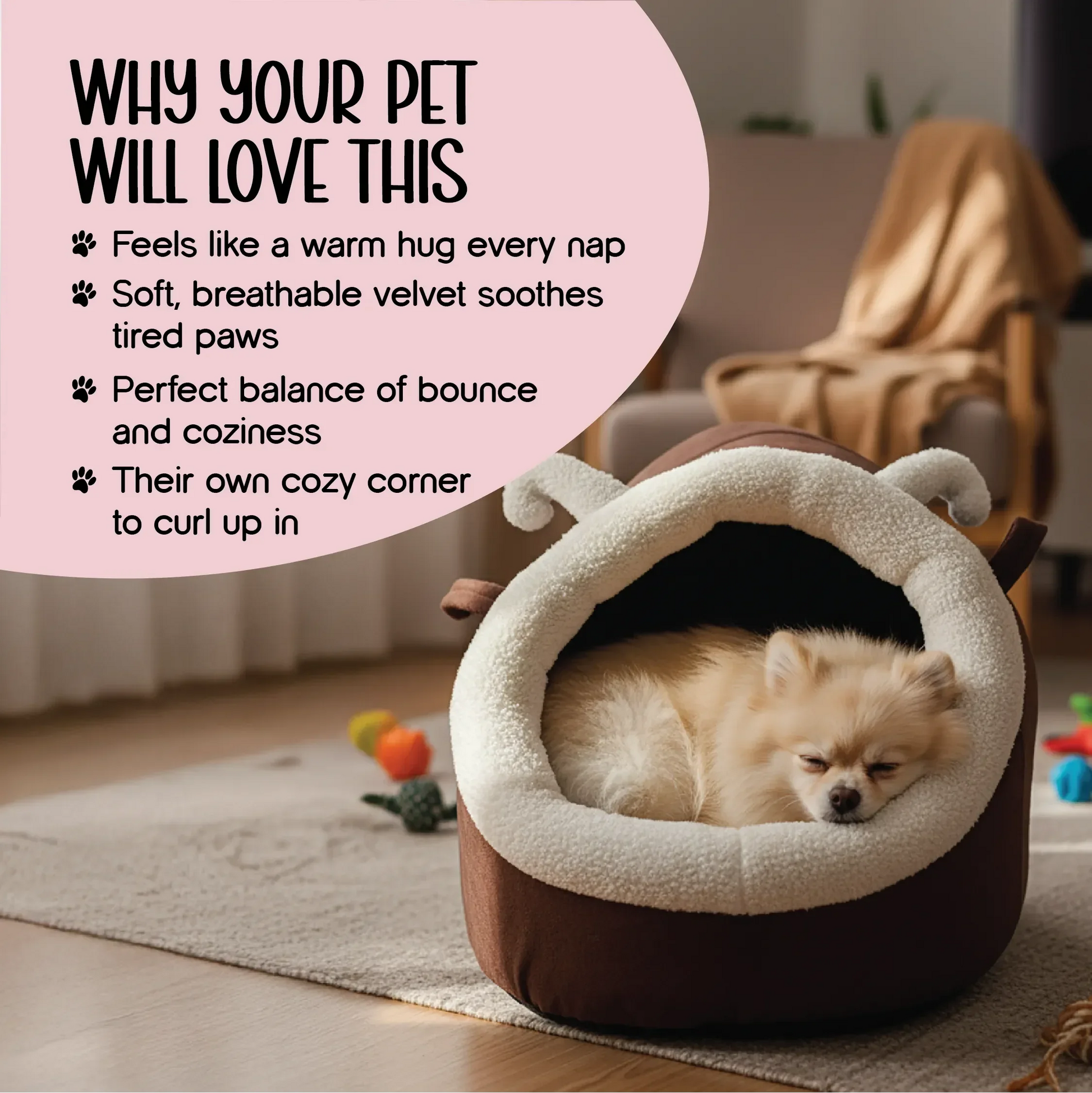 CocoaGrotto Bed | Plush Velvet Pet Bed with Ears | Washable, Non-Slip & Cuddle-Ready Comfort - Tilting Heads