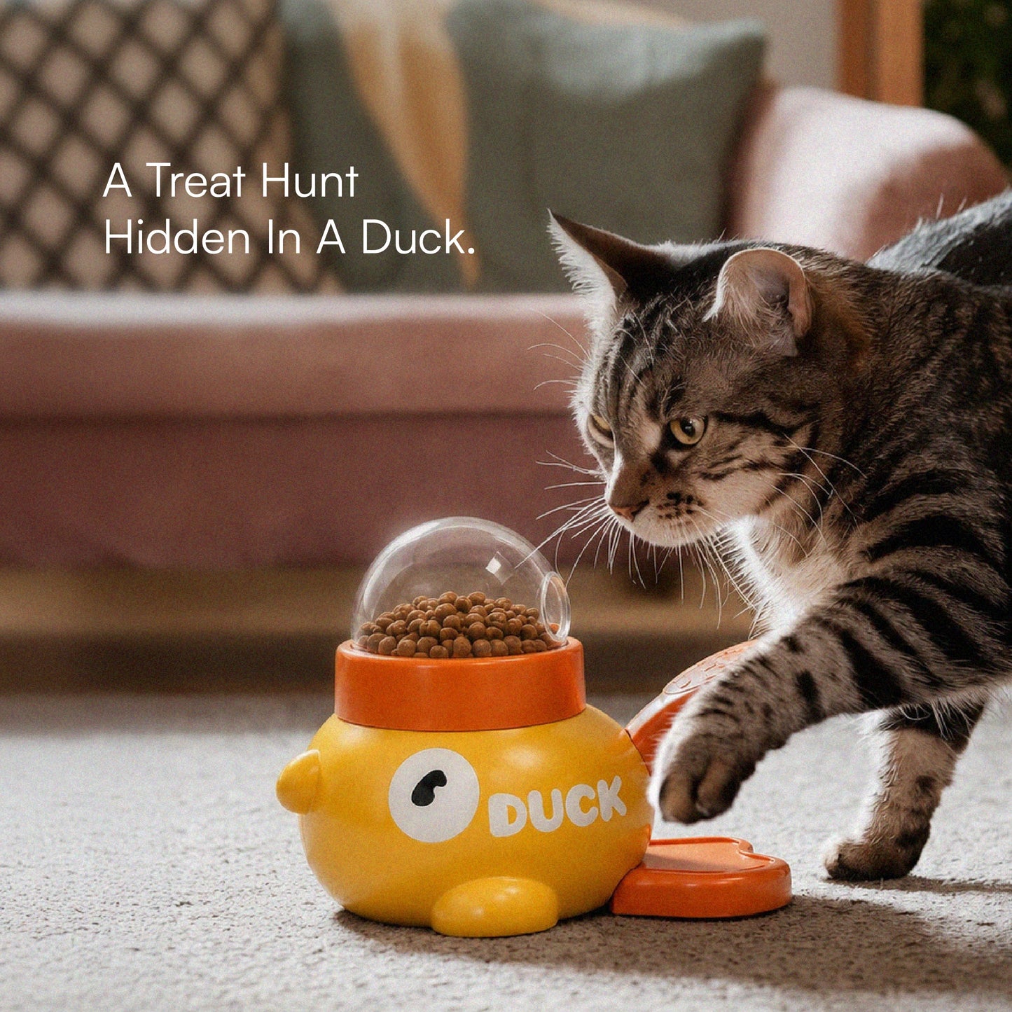 DuckDash Treat Toy – Puzzle Treat Dispenser for Dogs & Cats with Press-To-Release Handle, Treat Window & Interchangeable Lids