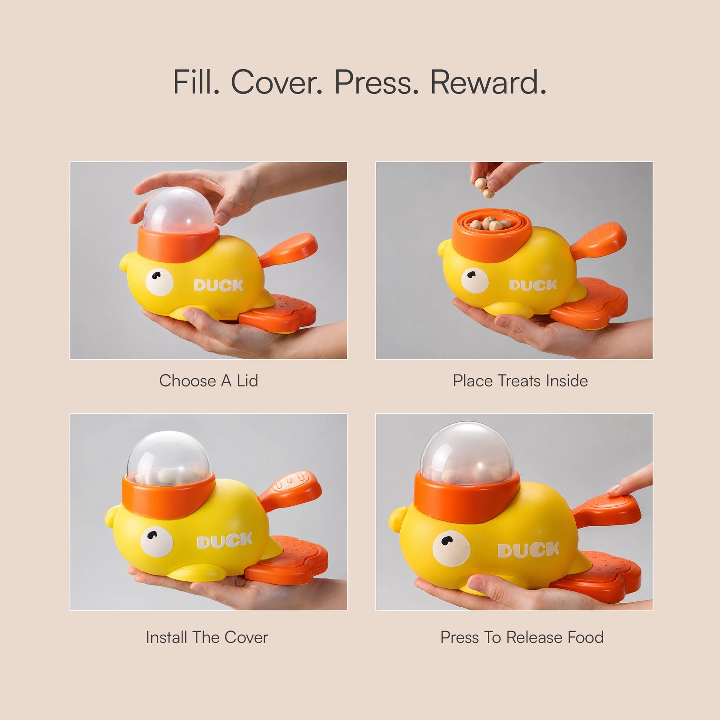 DuckDash Treat Toy – Puzzle Treat Dispenser for Dogs & Cats with Press-To-Release Handle, Treat Window & Interchangeable Lids