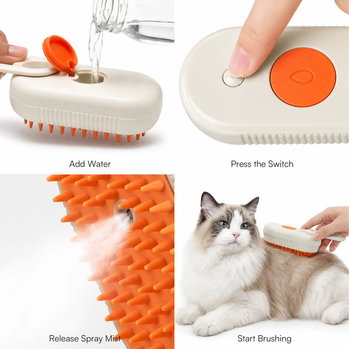 Rechargeable pet brush with mist sprayer and orange water-control button