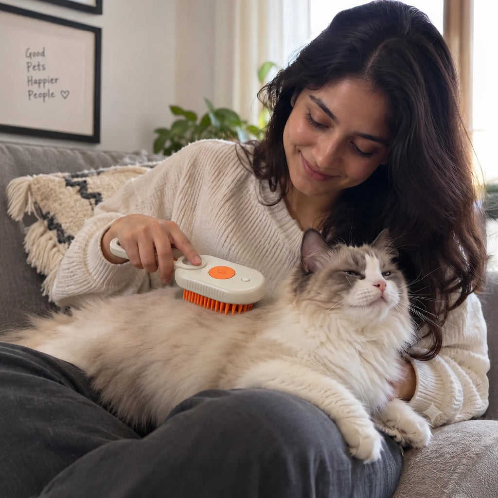 Pet brush being used on a fluffy cat on a couch