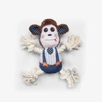 Monkey-shaped rope dog toy with knotted rope arms, striped overalls, polka-dot ears