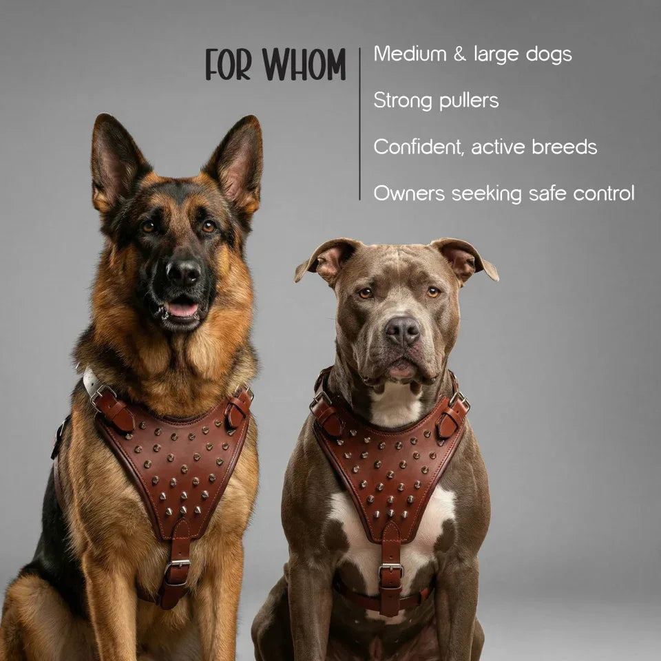 Kingsguard Leather Harness | Genuine Leather Exterior | Rexine Cushioning | No-Choke Walk Control - Tilting Heads