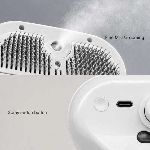 Handheld mist grooming brush head with metal comb teeth and spray switch button