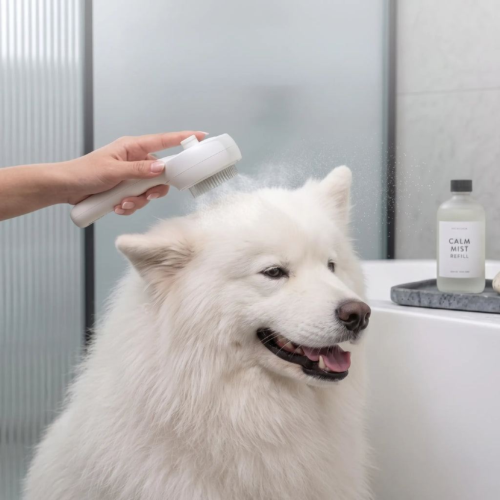 Handheld mist grooming brush spraying onto a white dog’s fur