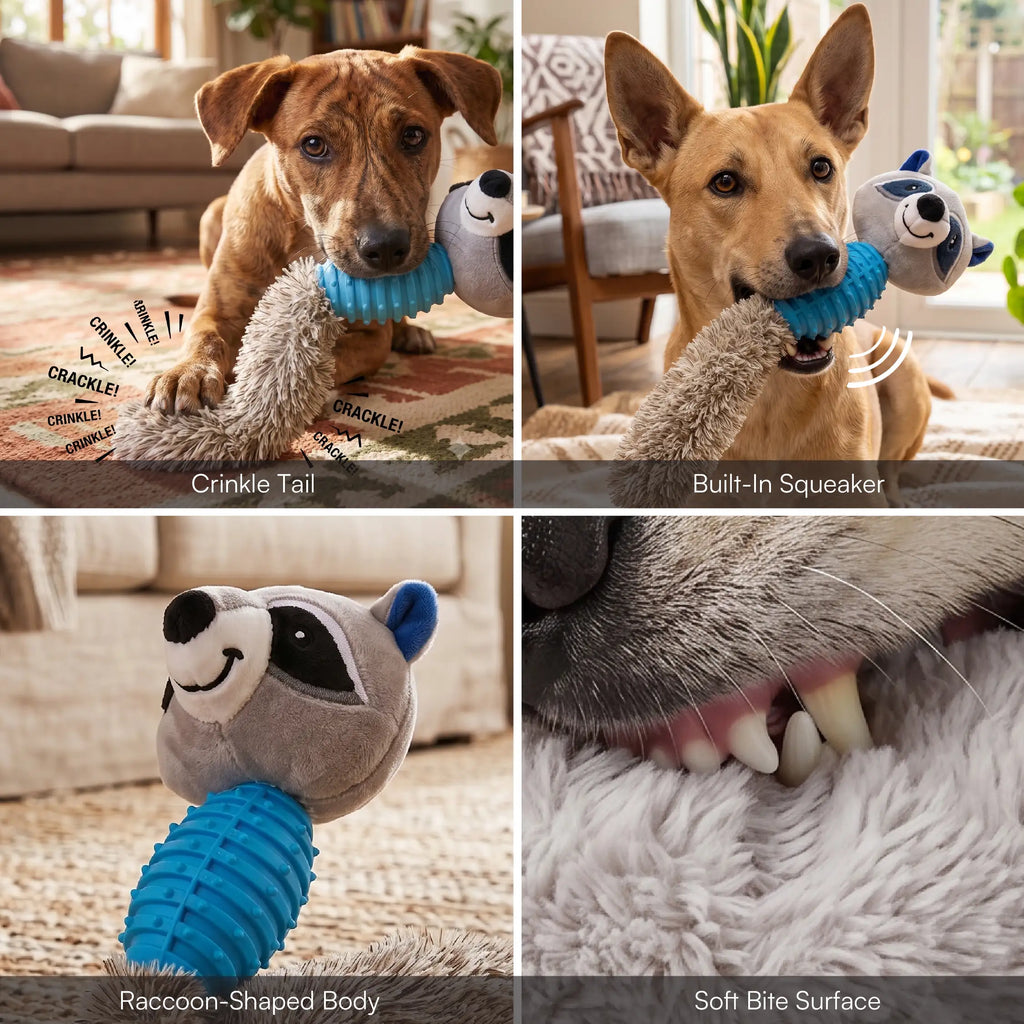 RustleRaccoon Toy | Crinkle & Squeaky Plush Dog Toy