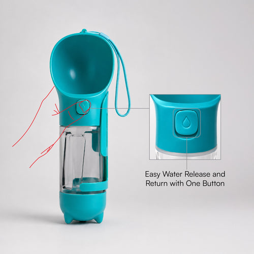 Teal pet waste cleanup water dispenser with one-button easy water release