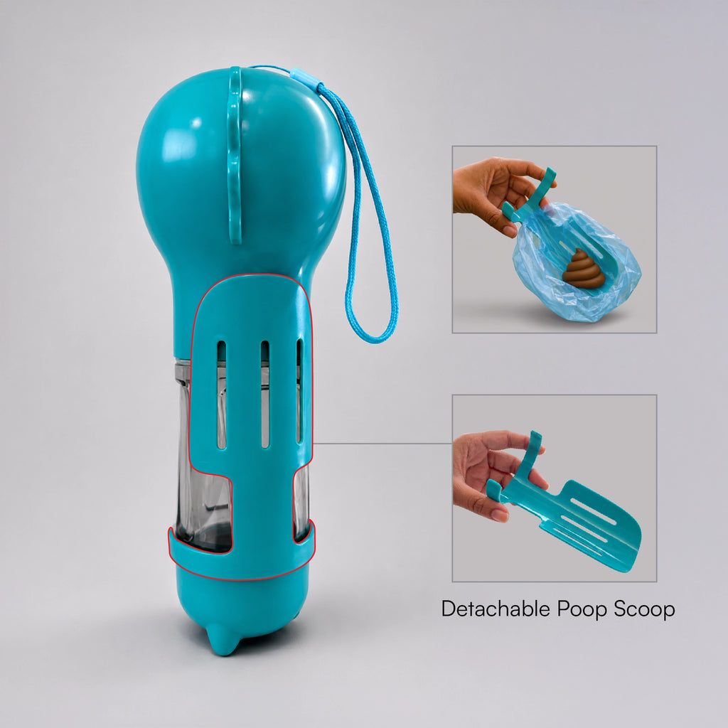 Teal pet waste cleanup dispenser with detachable poop scooper attachment