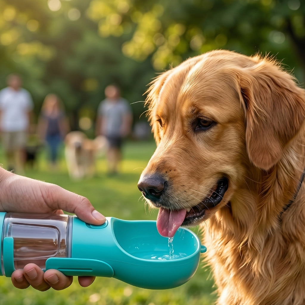 Teal pet waste cleanup dispenser dispensing water for a dog to drink