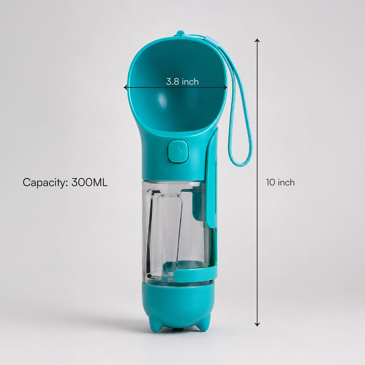 Teal pet waste cleanup water dispenser shown with compact height dimensions