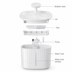 White cat water fountain parts shown: bubbler head, lid, filter, pump, and water tank.