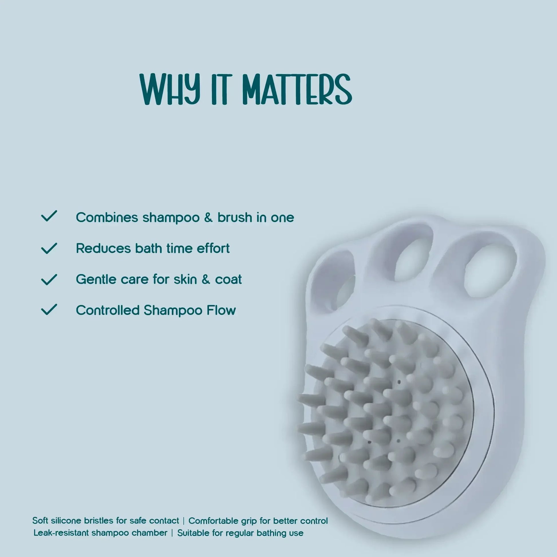 FoamFlow Bath Brush - 2 in 1 Pet Massage Brush with Shampoo Dispenser - Tilting Heads