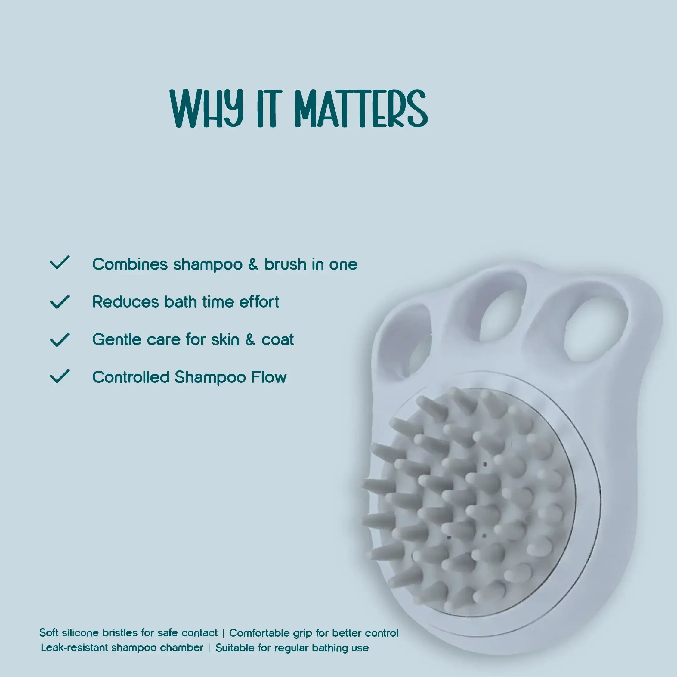 FoamFlow Bath Brush - 2 in 1 Pet Massage Brush with Shampoo Dispenser - Tilting Heads