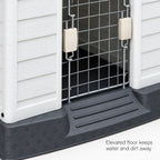Pet house arched door with black mesh panels, beige latches, and step floor