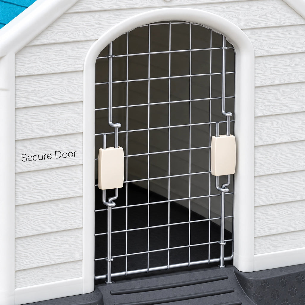 Pet house door with black wire mesh and secure beige locking latches