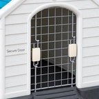 Pet house door with black wire mesh and secure beige locking latches