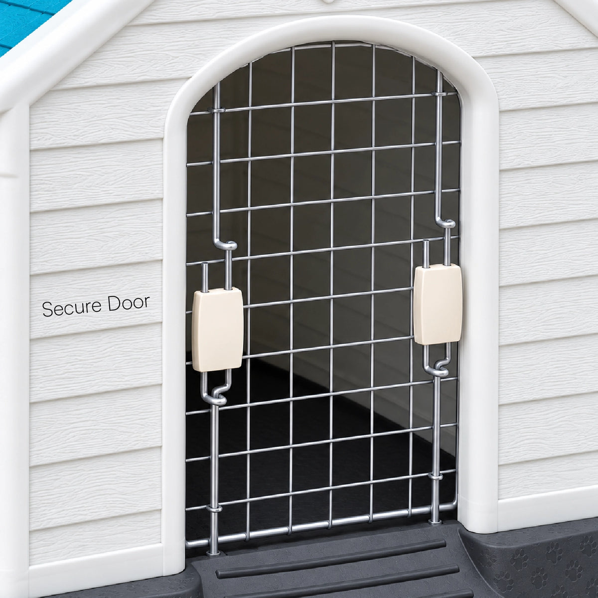 Pet house door with black wire mesh and secure beige locking latches