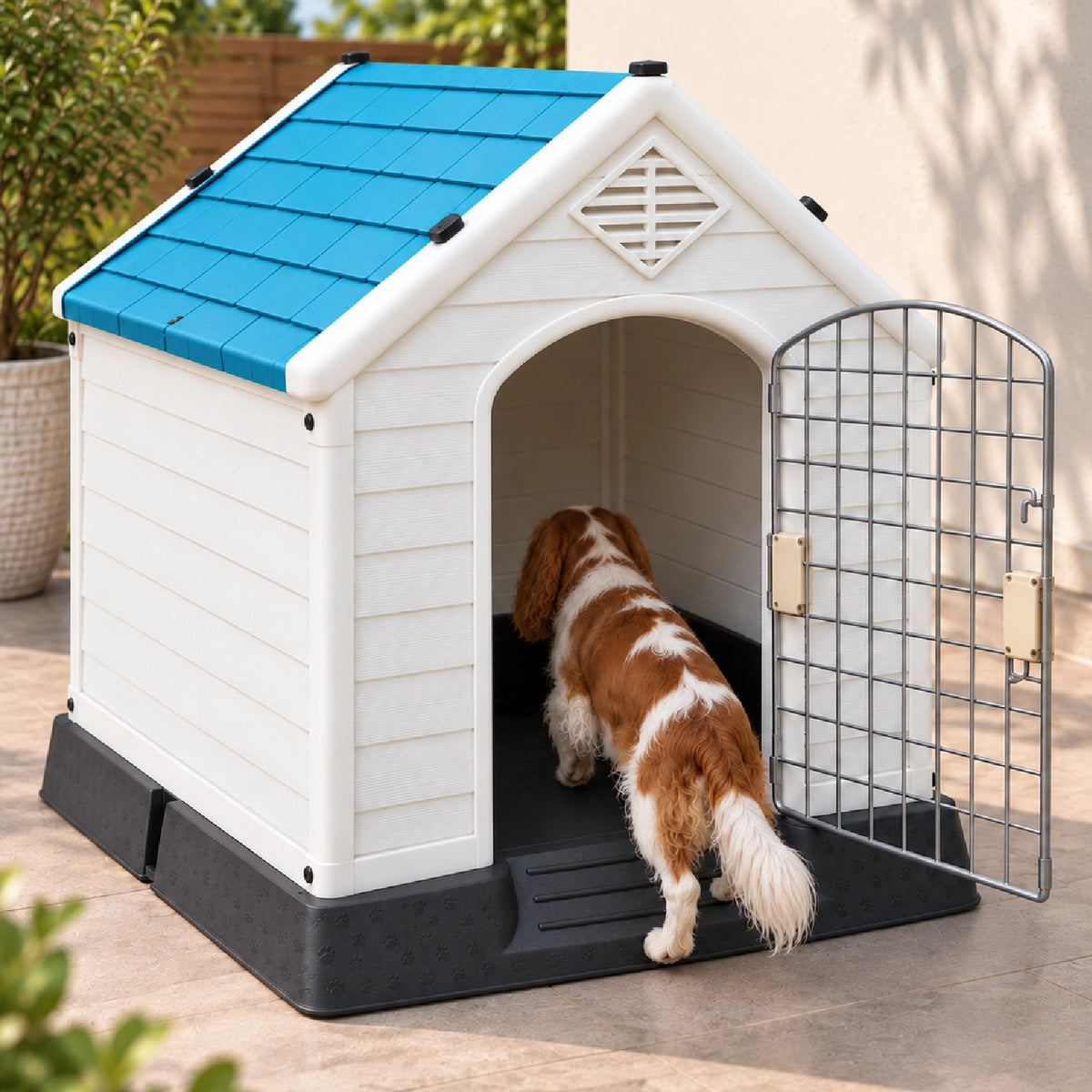 Outdoor pet house with blue roof and open door, dog inside
