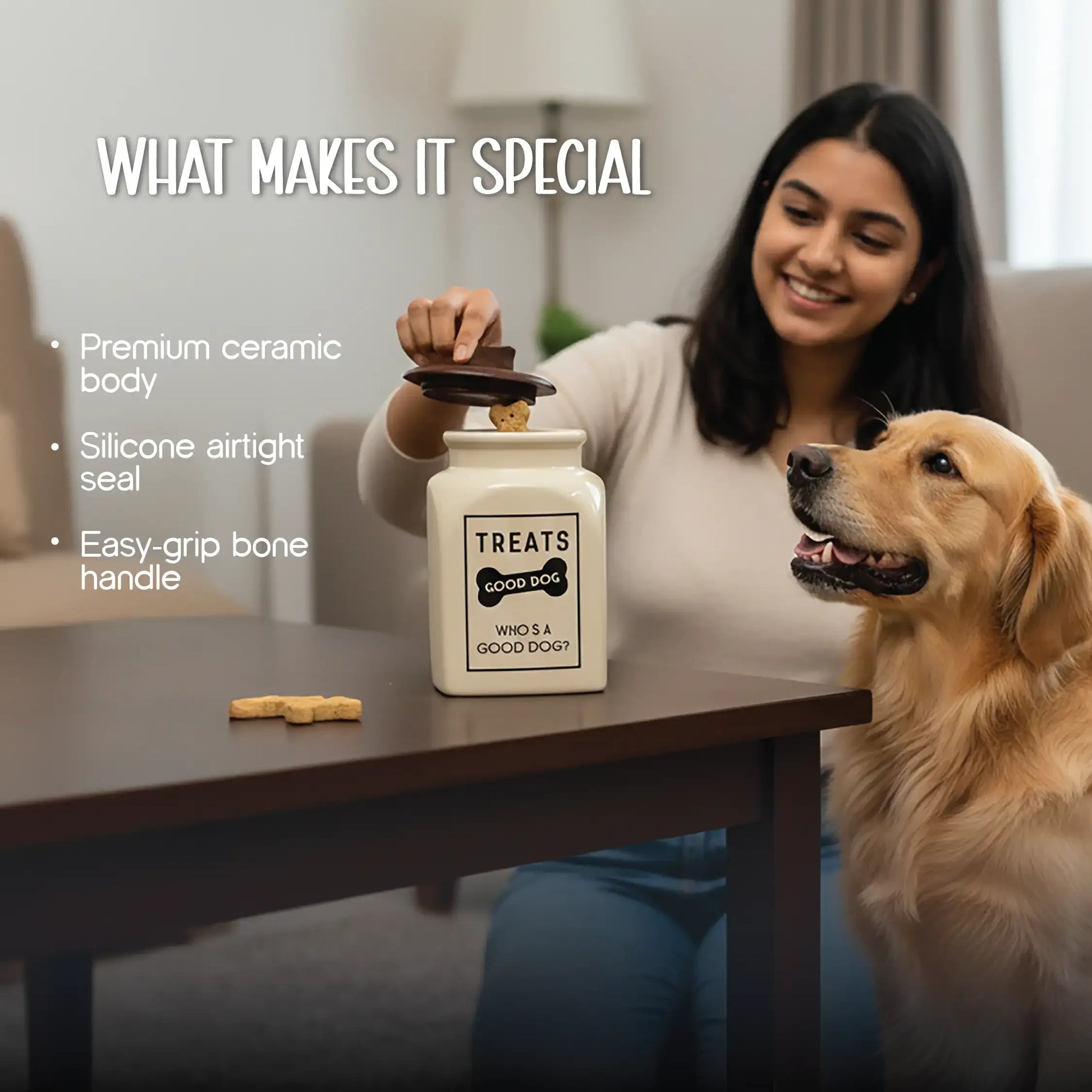 TreatVault | Ceramic Treat Jar | Airtight, Safe & Stylish Pet Treat Storage - Tilting Heads