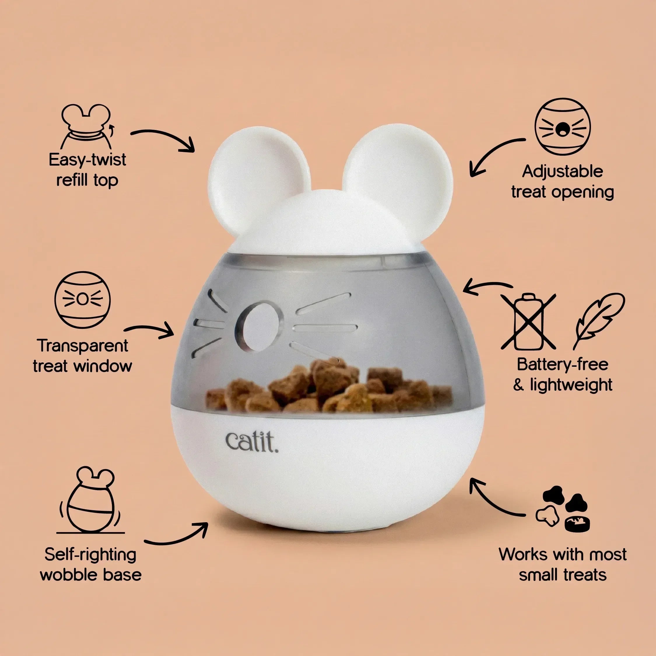 Wobble whisk-Catit Pixi Mouse Treat Dispenser | Interactive Treat Wobble | Smart Play & Feeder for Cats - Tilting Heads