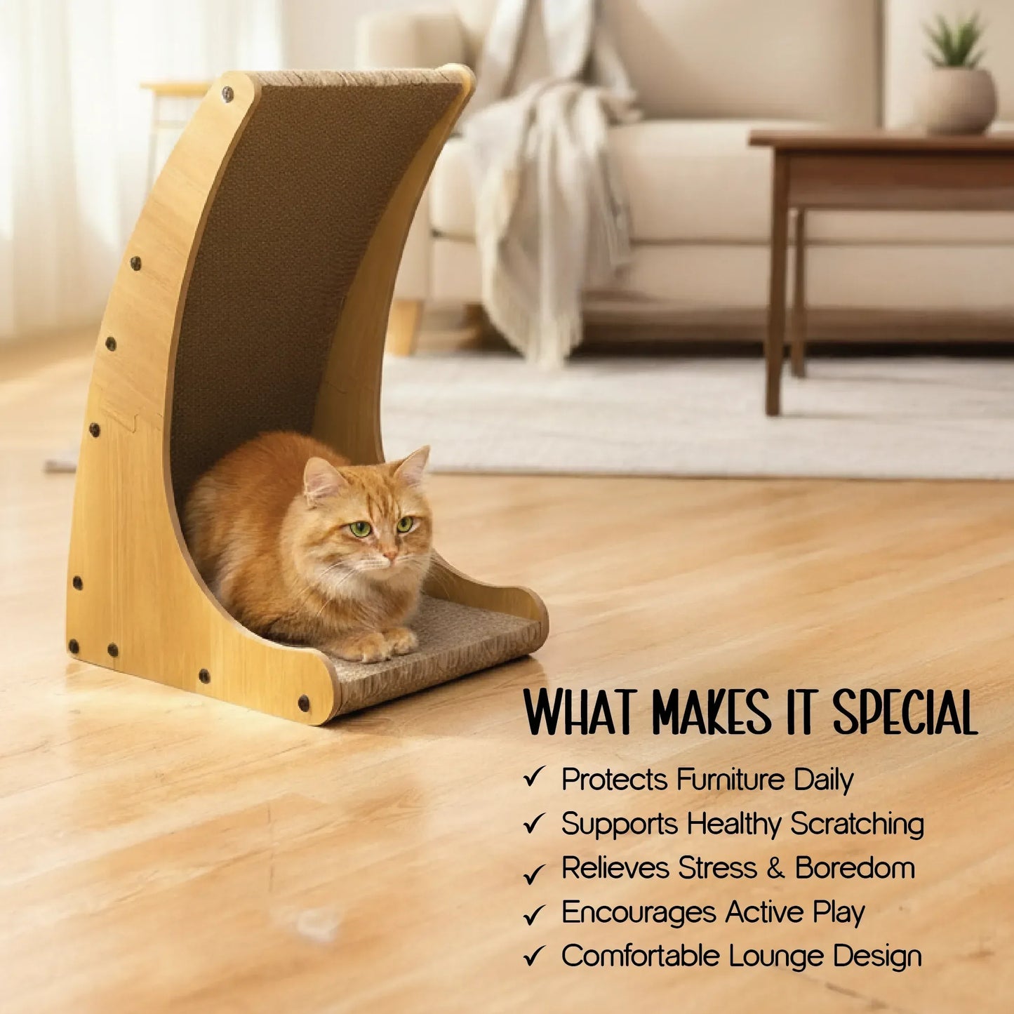 Zen Curve Scratcher – Multifunction Wooden Cat Scratch & Lounge