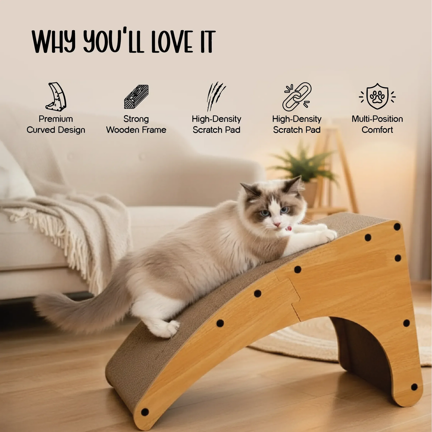 Zen Curve Scratcher – Multifunction Wooden Cat Scratch & Lounge