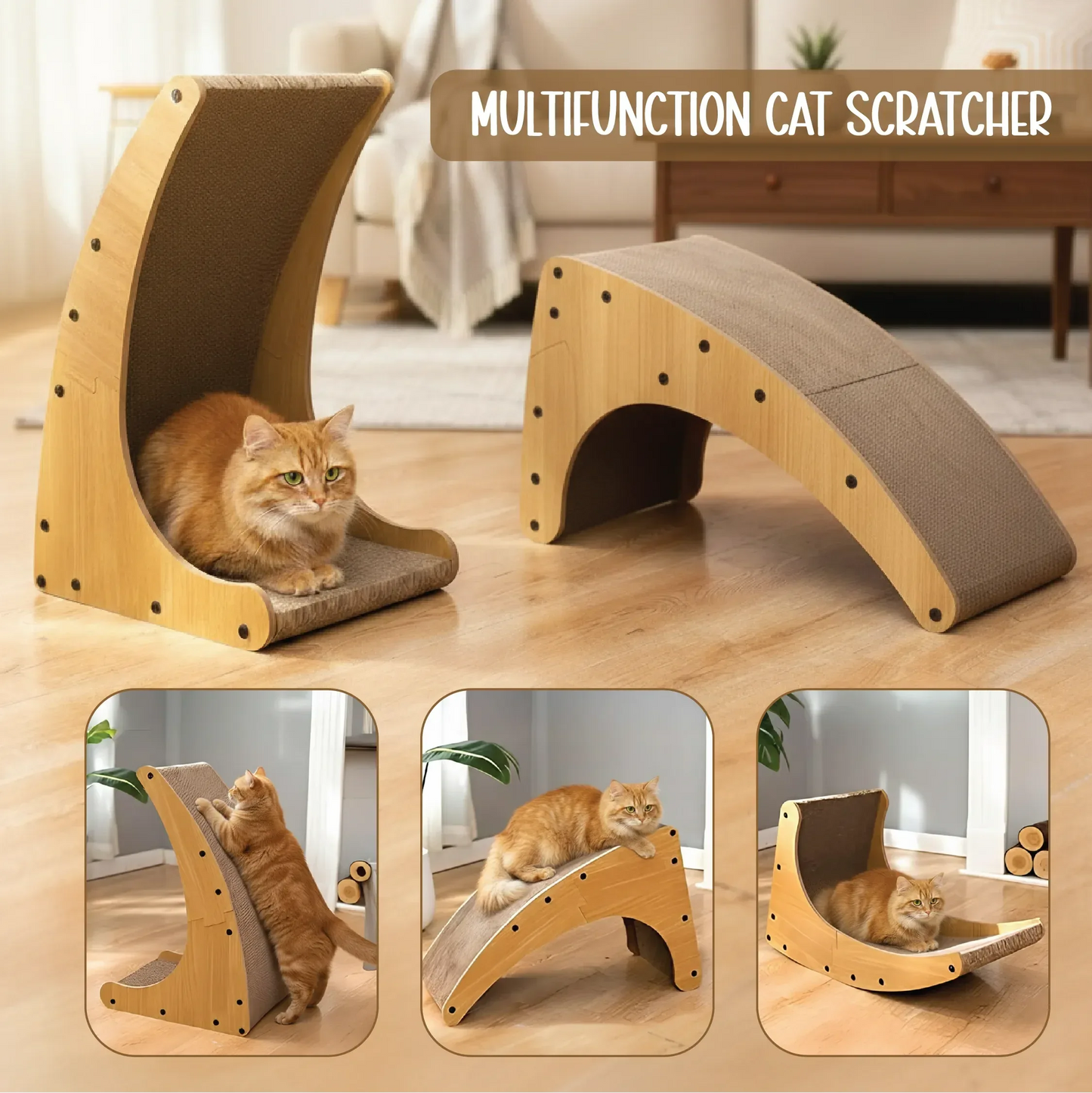 Zen Curve Scratcher – Multifunction Wooden Cat Scratch & Lounge