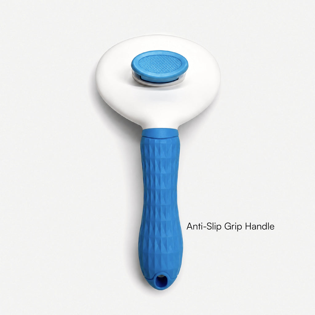 Blue click-to-clean pet brush with anti-slip grip handle and round base