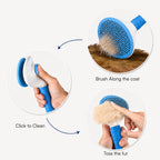 Blue pet grooming brush with click-to-clean base and grippy handle