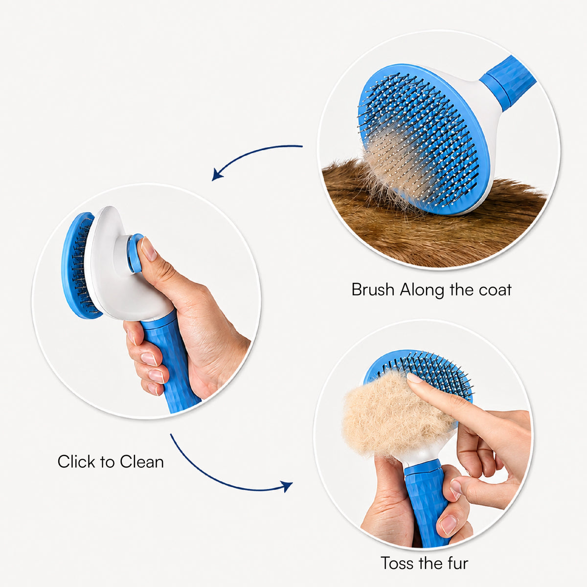 Blue pet grooming brush with click-to-clean base and grippy handle