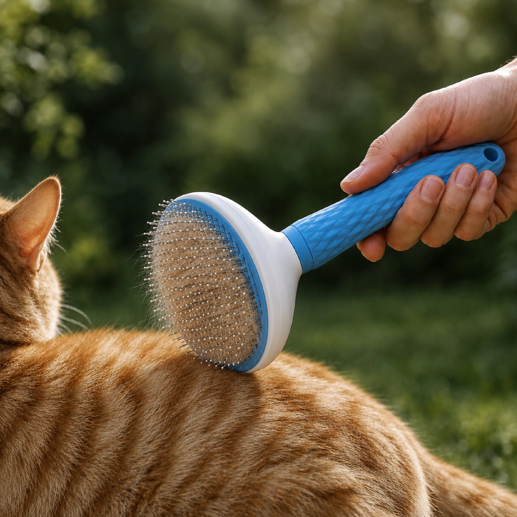 Blue grooming brush held in hand brushing a tan dog coat