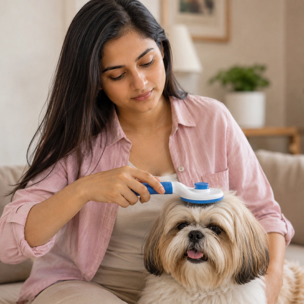 Pet grooming brush being used on a small light-fur dog