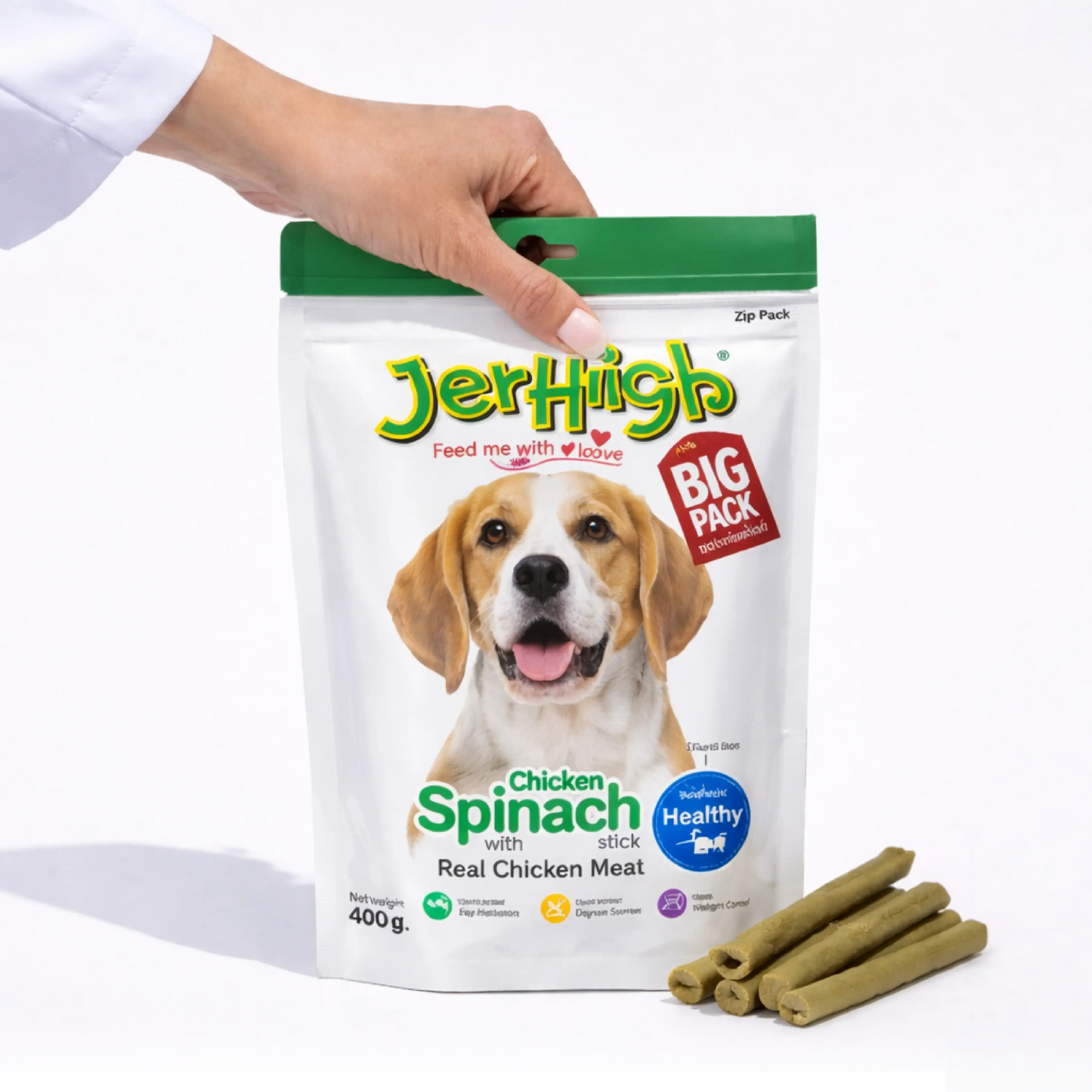 JerHigh Spinach Stick Dog Treats with Real Chicken Meat 400gm