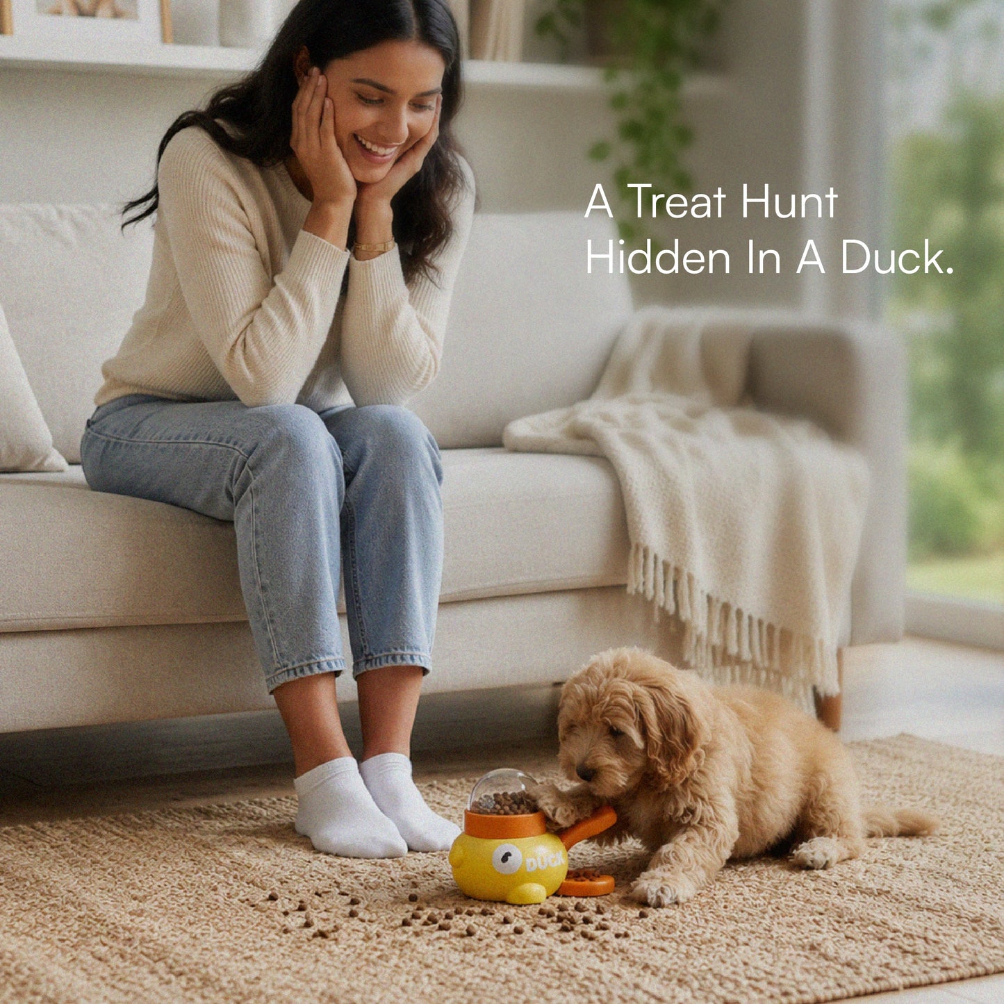 DuckDash Treat Toy – Puzzle Treat Dispenser for Dogs & Cats with Press-To-Release Handle, Treat Window & Interchangeable Lids