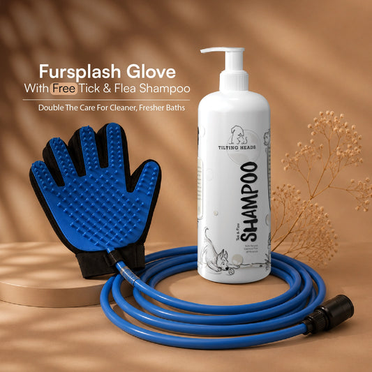 FurSplash Glove – 2-in-1 Bathing Glove & Shower Scrubber | Includes Tick & Flea Shampoo
