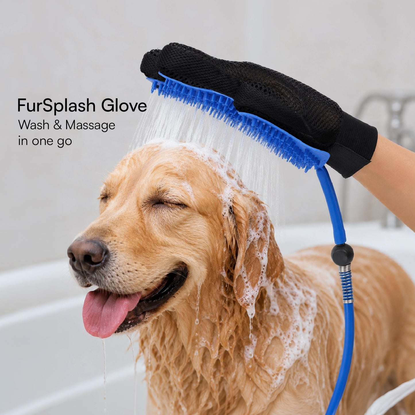 FurSplash Glove – 2-in-1 Bathing Glove & Shower Scrubber | Includes Tick & Flea Shampoo