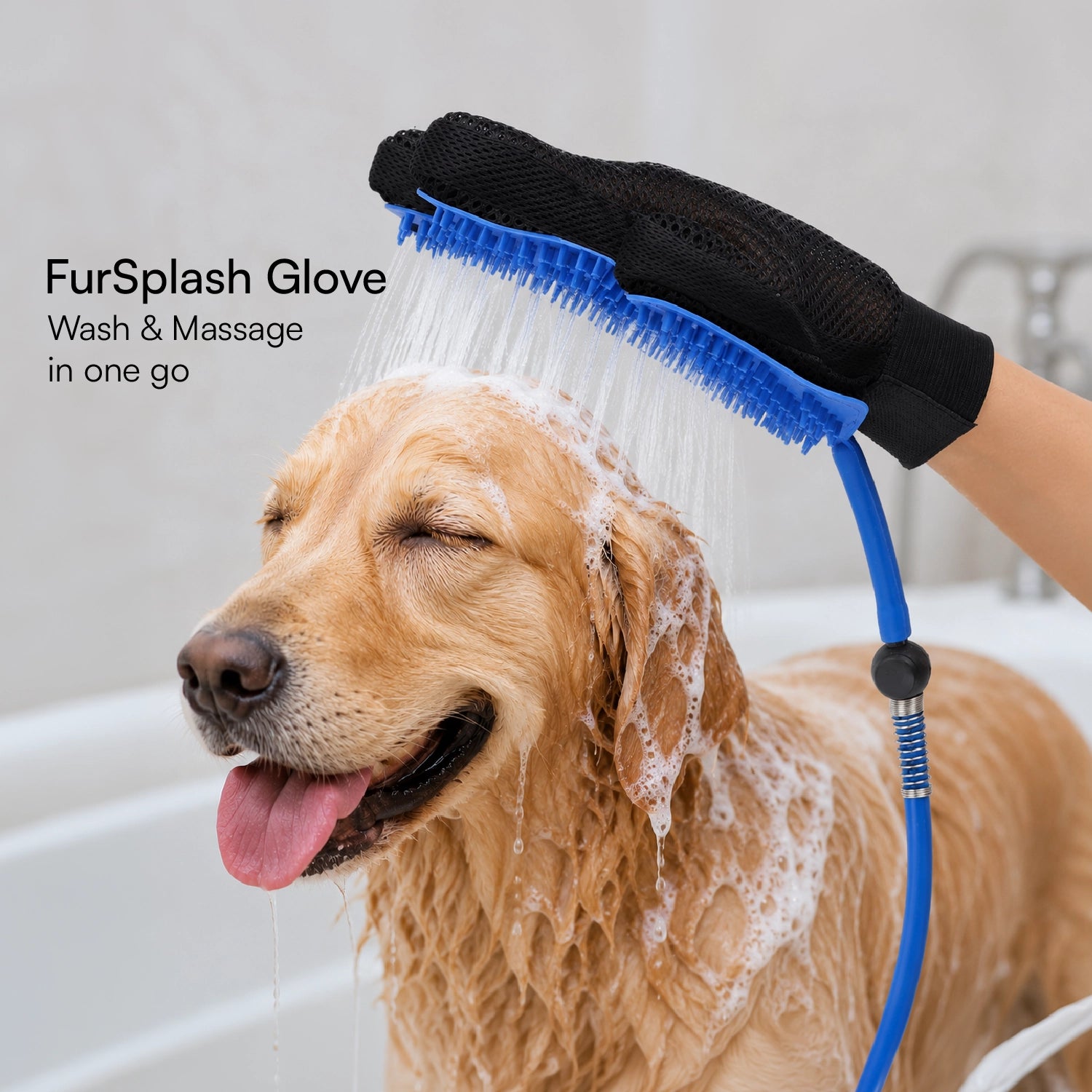 FurSplash Glove – 2-in-1 Bathing Glove & Shower Scrubber | Includes Tick & Flea Shampoo